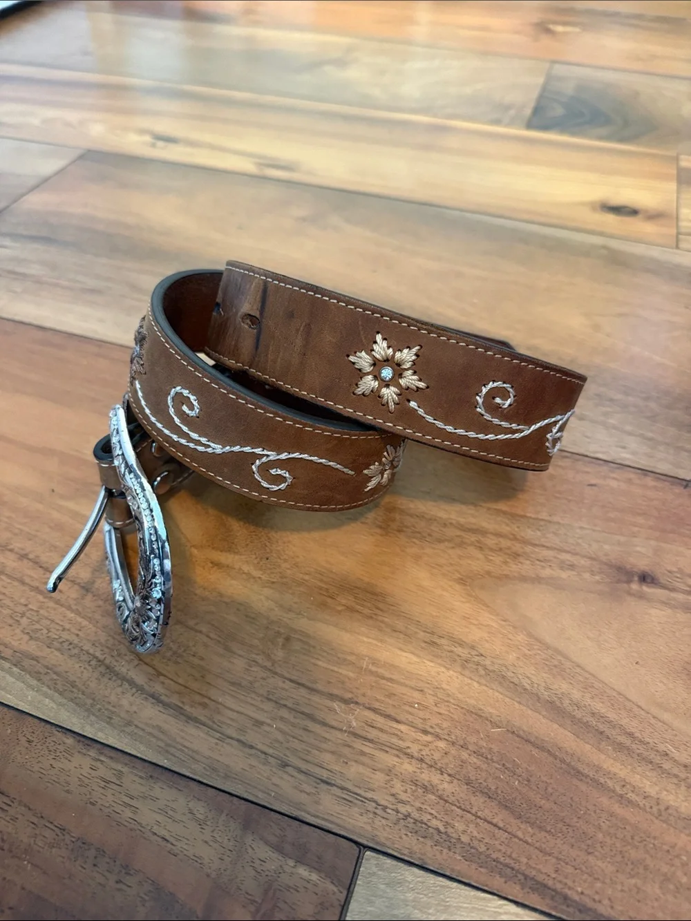 Kids Brown Embroidered Leather Belt with Decorative Buckle